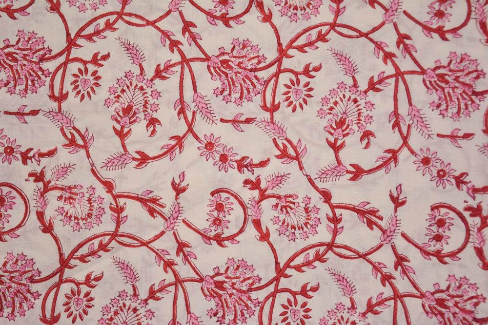 Pink Floral Hand Block Printed Multicolor Cotton Fabric