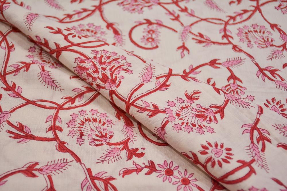 Pink Floral Hand Block Printed Multicolor Cotton Fabric