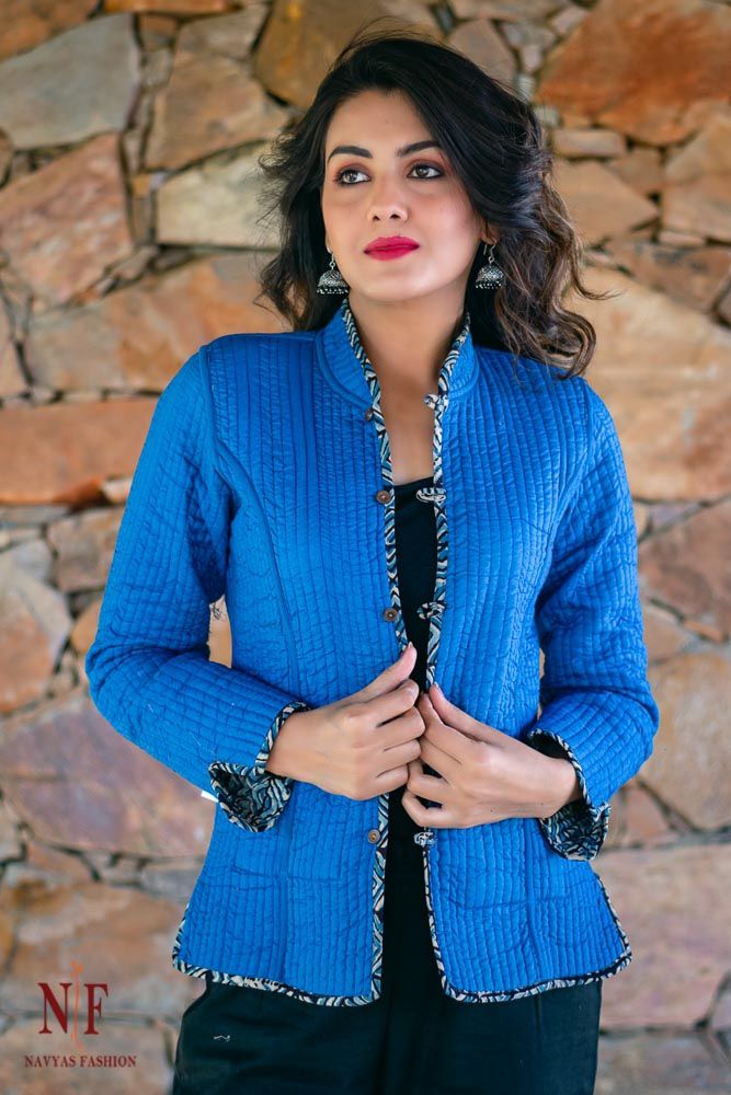 Blue And Black Kalamkari Block Printed Reversible Cotton Quilted Jacket