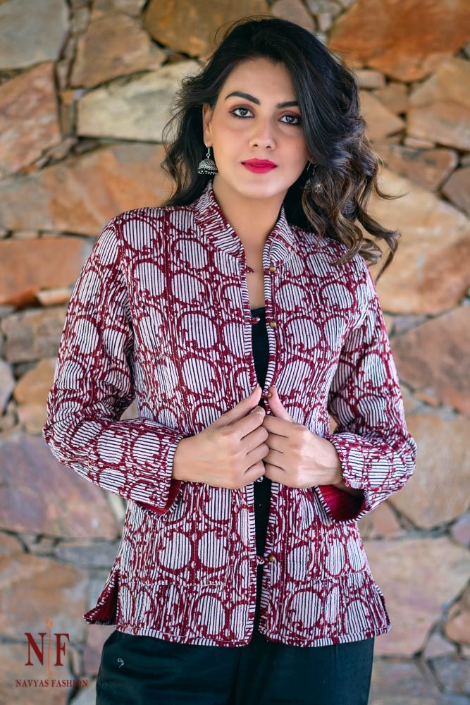 Black And Maroon Bagh Block Printed Reversible Cotton Quilted Jacket