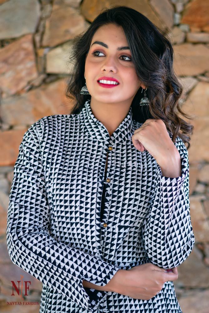 Black And White Block Printed Quilted Jacket
