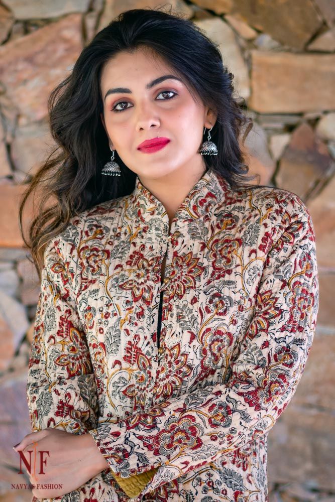 Floral Kalamkari Block Printed Reversible Cotton Quilted Jacket