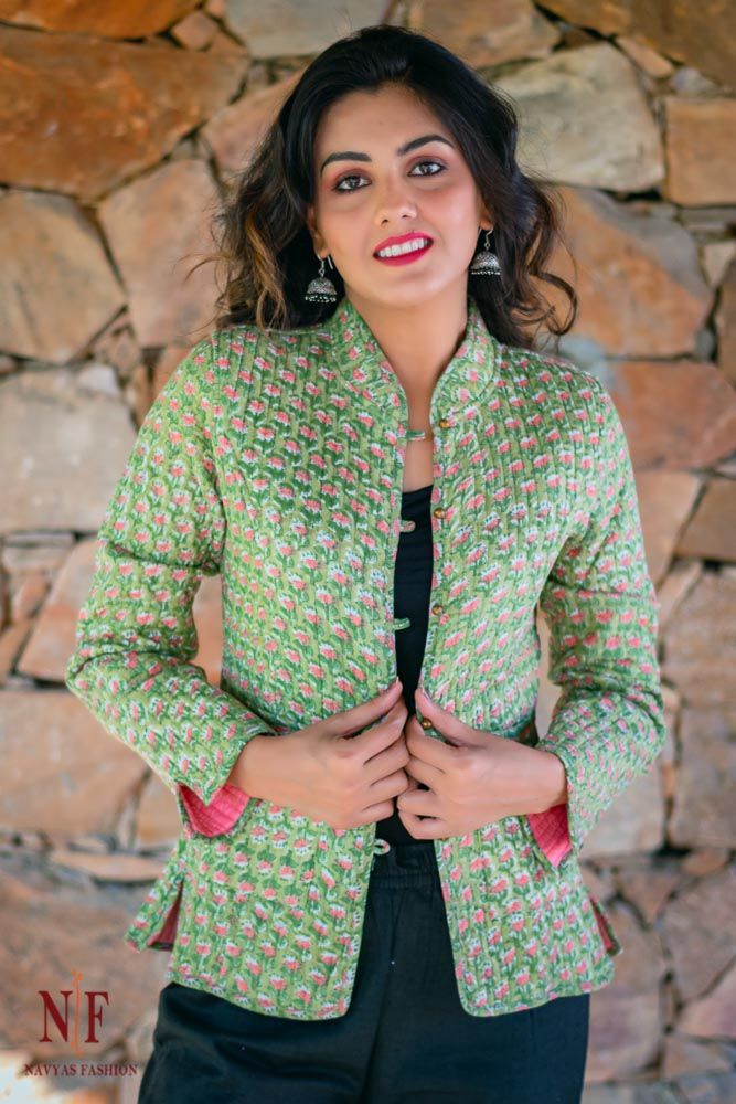Green And Pink Hand Block Printed Reversible Cotton Quilted Jacket