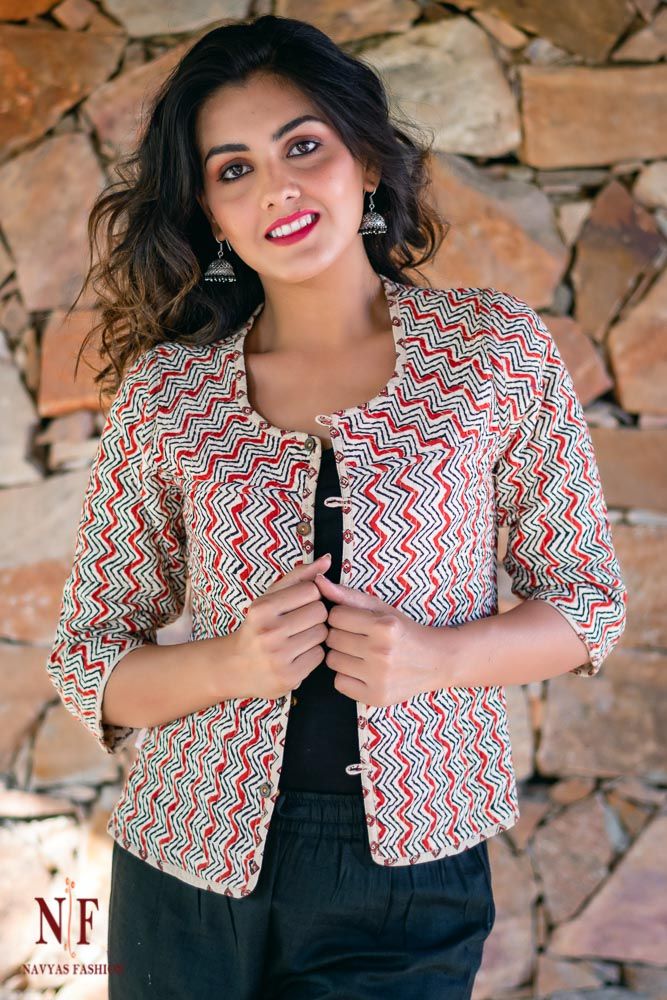 Bagru Red Block Printed Reversible Short Quilted Jacket 