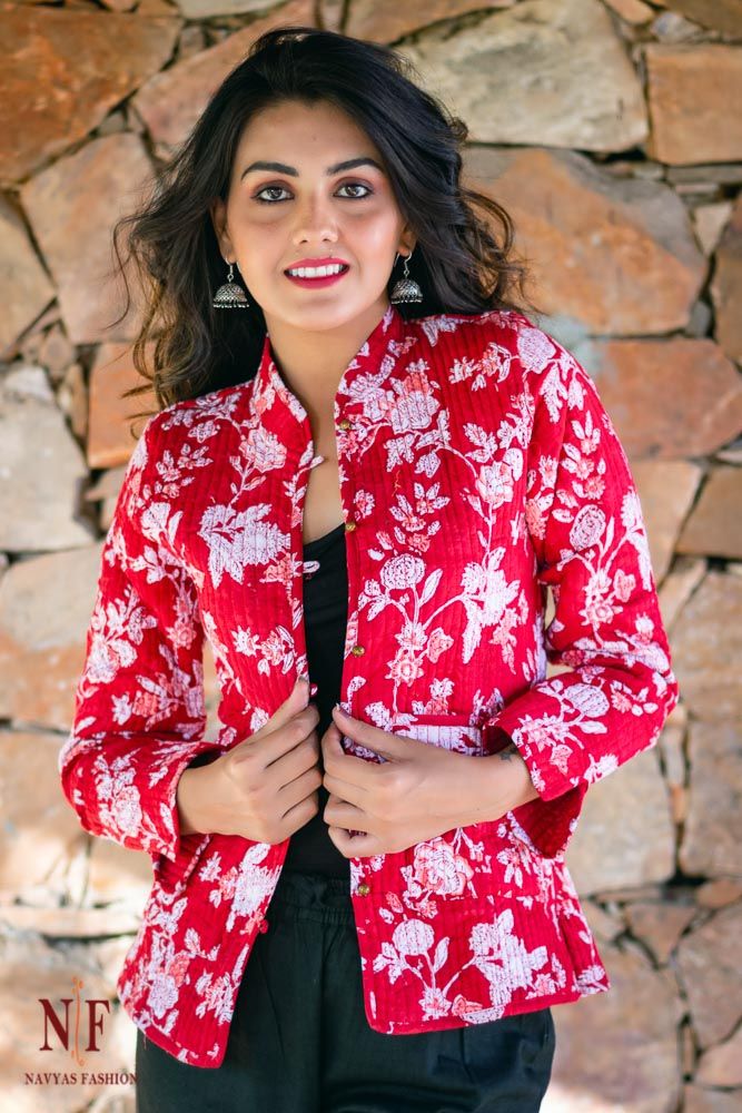 Red And White Floral Hand Block Printed Reversible Cotton Quilted Jacket