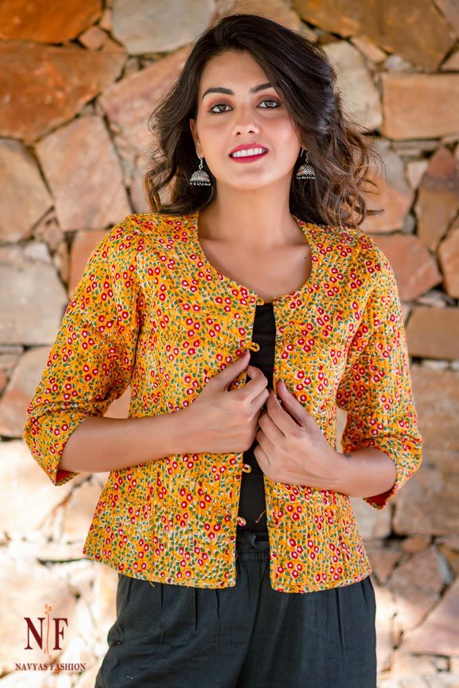 Yellow And Red Floral Block Printed Reversible Short Quilted Jacket 