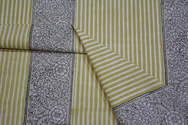 Striped Floral Block Print Cotton Fabric