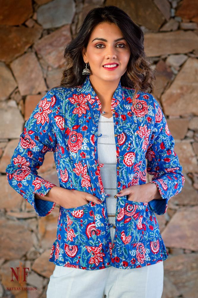 Blue Floral Hand Block Printed Reversible Cotton Quilted Jacket