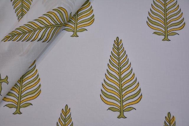 Yellow Green Leaf Block Print Cotton Fabric