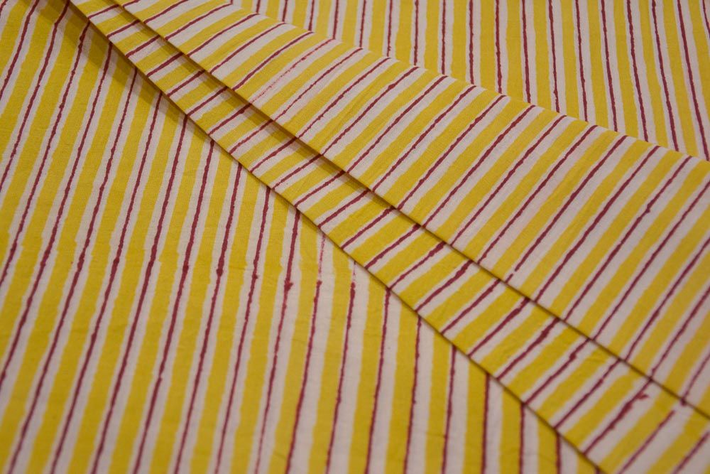 Yellow Striped Hand Block Printed Cotton Fabric