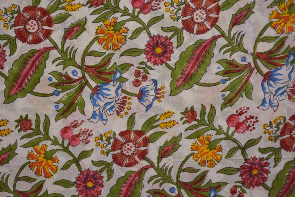 Multicolor Floral Hand Block Printed Mulmul Cotton Fabric