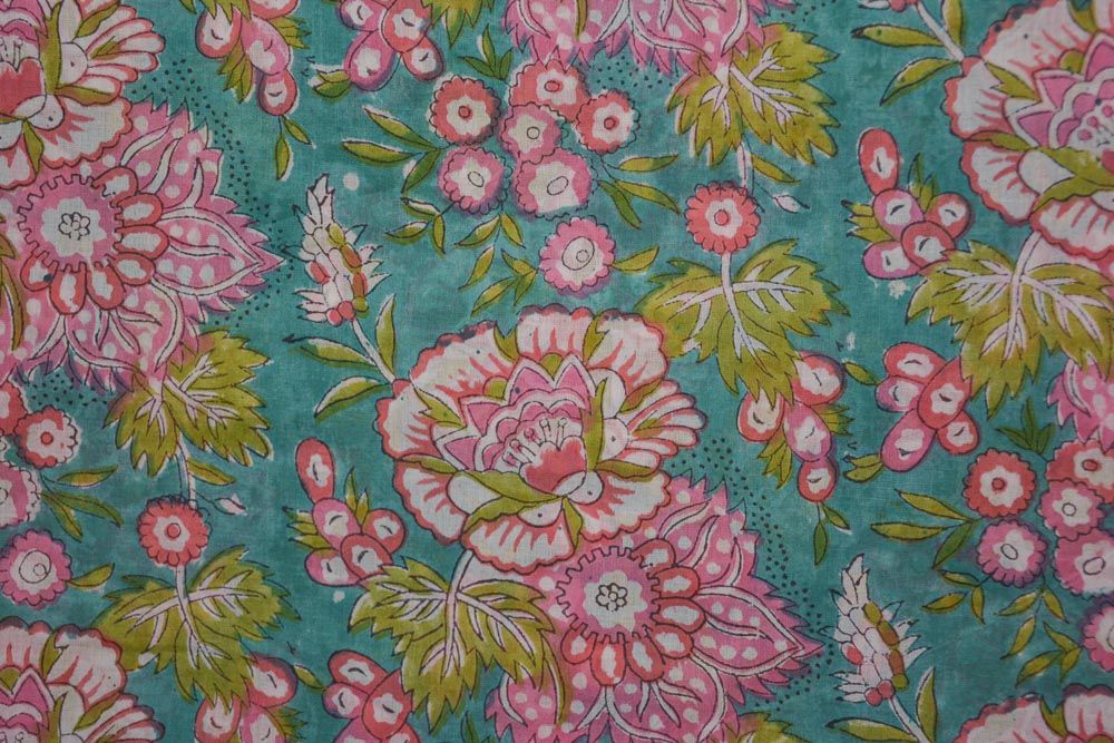 Green And Pink Floral Hand Block Printed Mulmul Cotton Fabric
