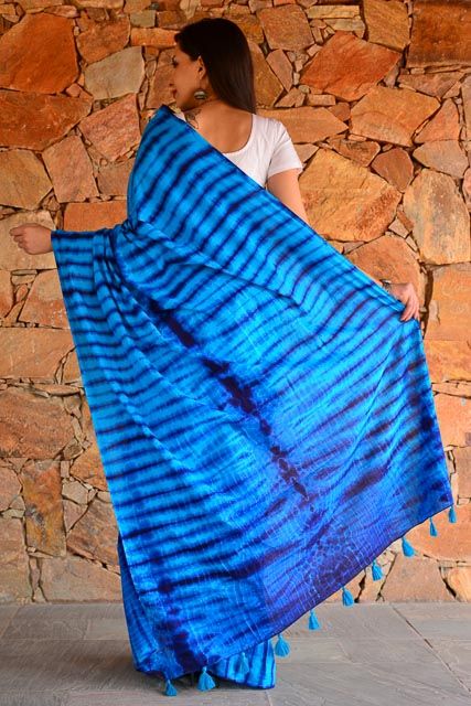 Blue Shibori Block Printed Cotton Sarees