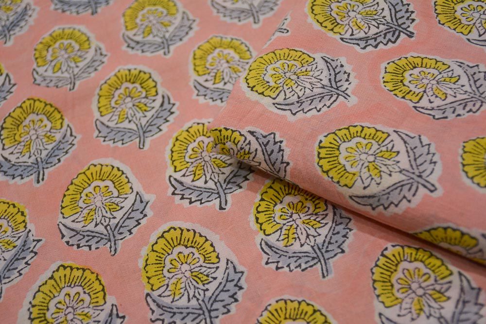Peach Floral Hand Block Printed Cotton Fabric