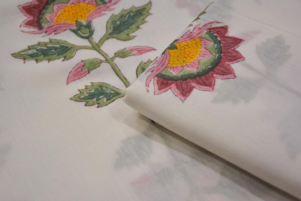 Floral Hand Block Printed Mulmul Cotton Fabric