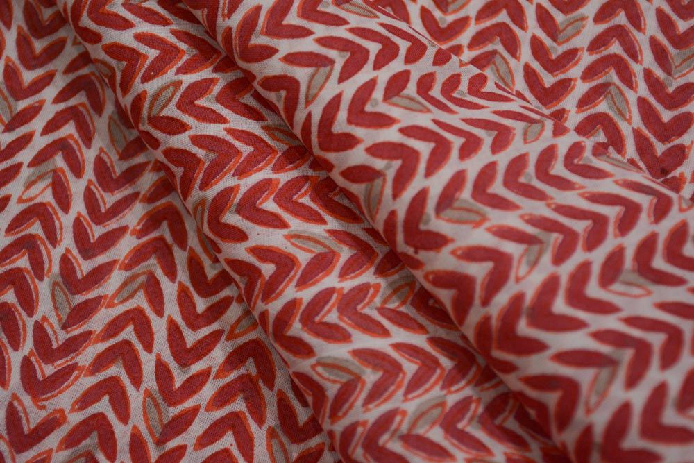 Red Hand Block Printed Mulmul Cotton Fabric