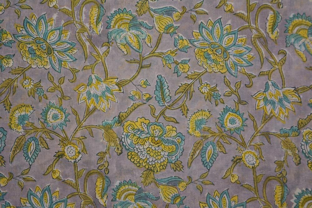 Grey Floral Hand Block Printed Mulmul Cotton Fabric