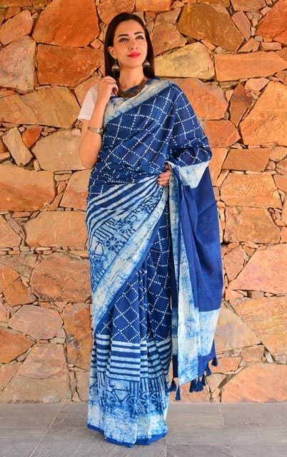 Vines Batik Printed Indigo Cotton Saree | bongchong