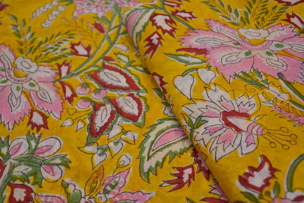 Yellow Floral Hand Block Printed Mulmul Cotton Fabric