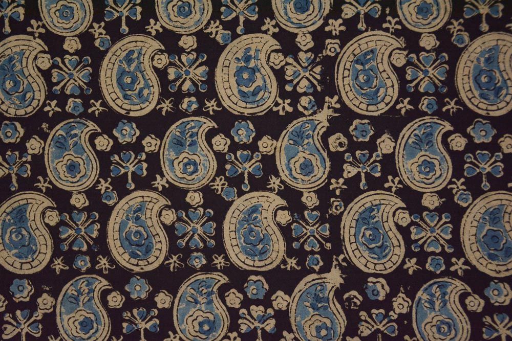 Black And Blue Paisley Hand Block Printed Kalamkari Fabric