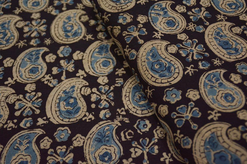 Black And Blue Paisley Hand Block Printed Kalamkari Fabric