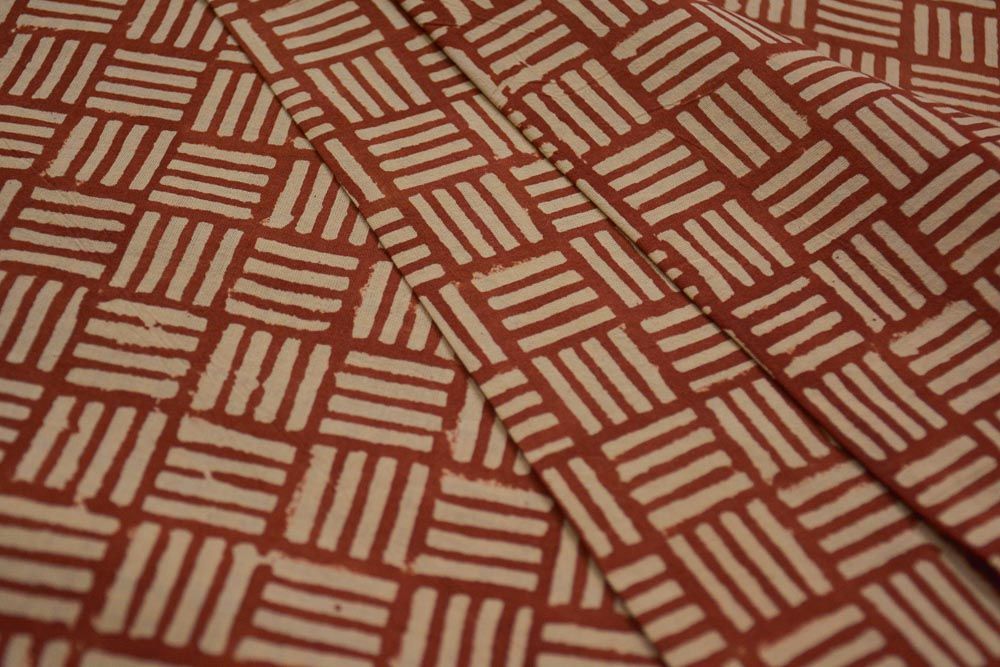 Bagru Red Square Hand Block Printed Cotton Fabric