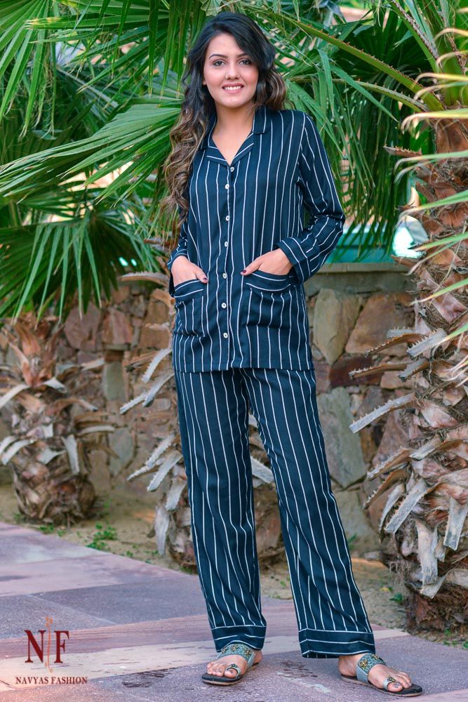Navy Blue And White Striped Cotton Modal Night Suit