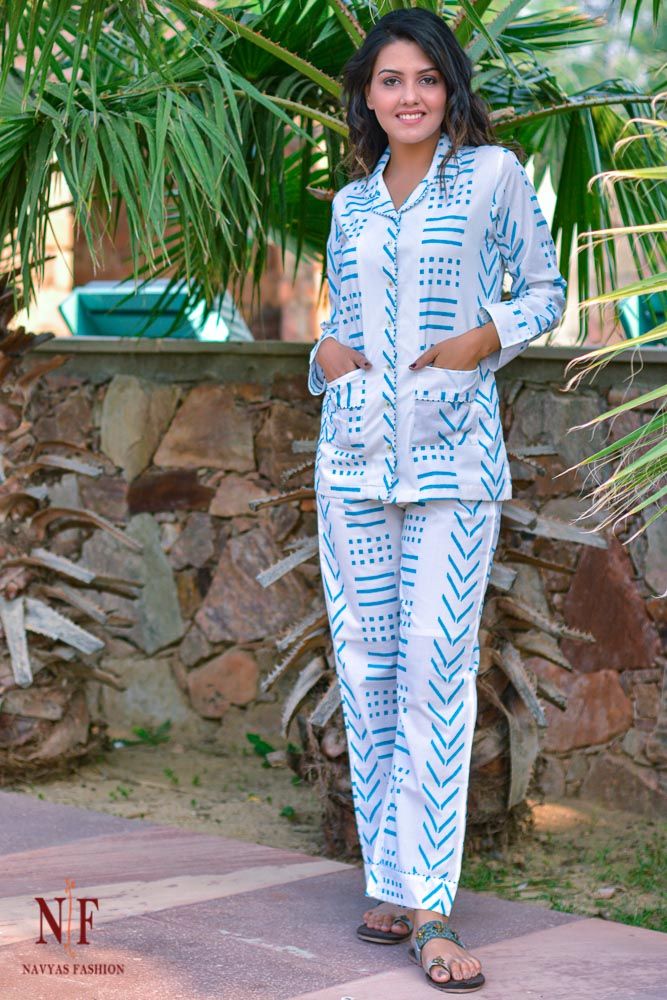 Turquoise Geometry Cotton Night Suit