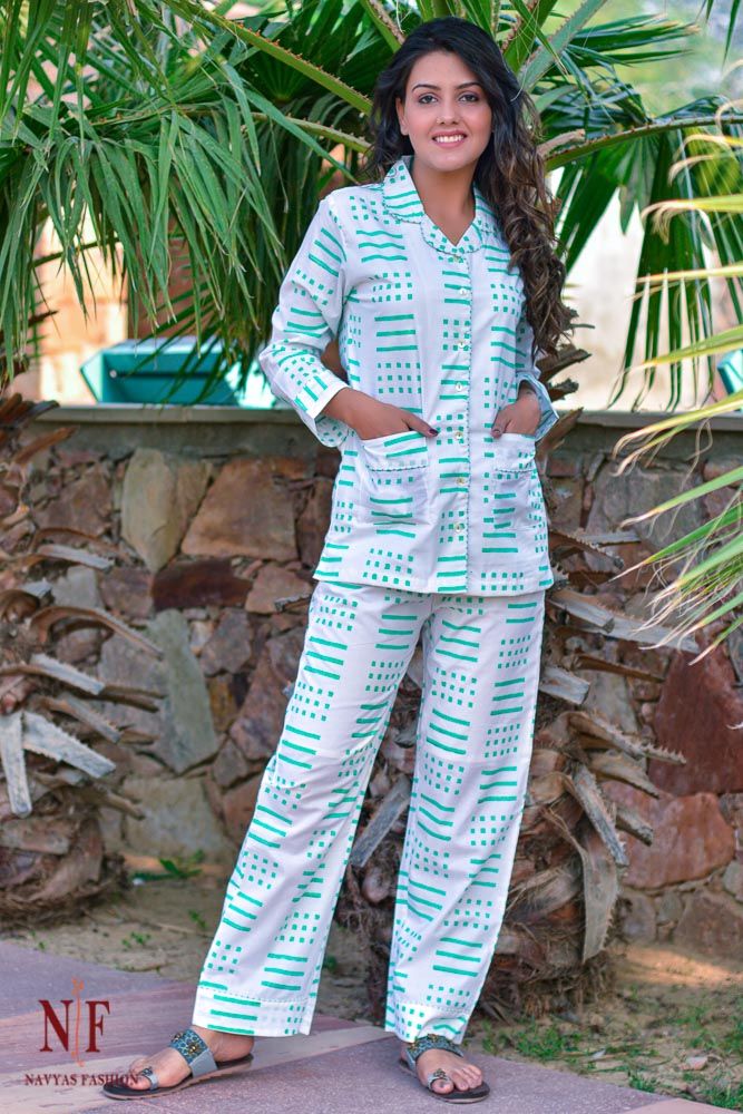 Spring Green Geometry Cotton Night Suit