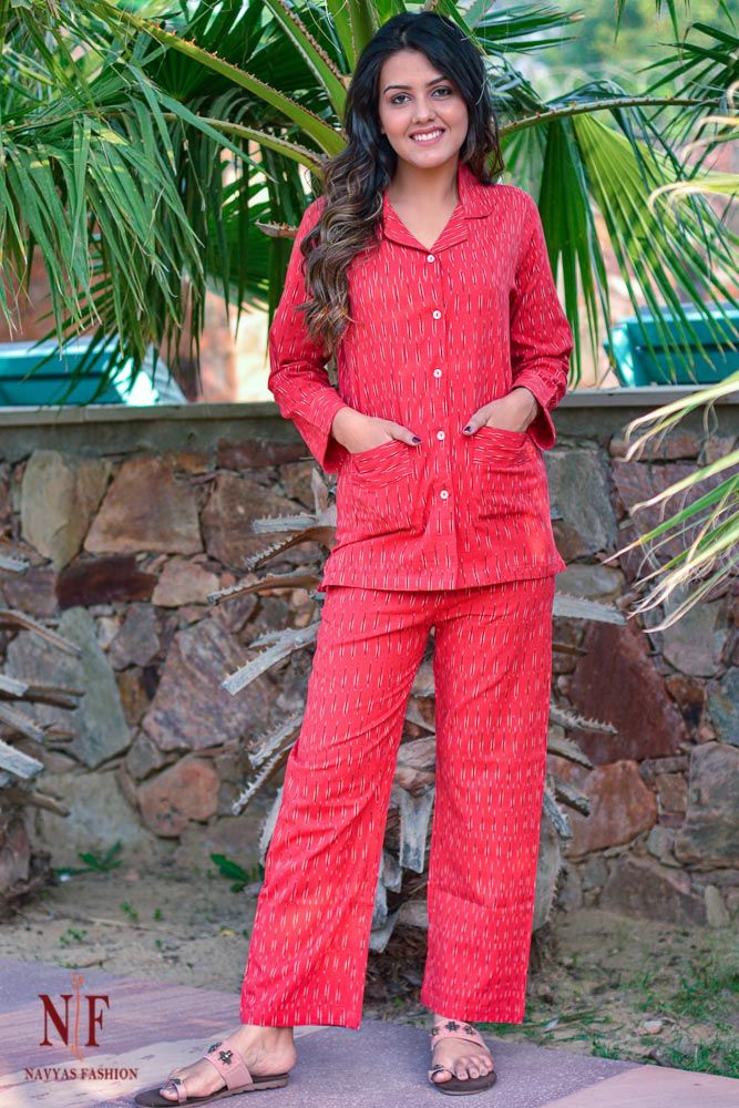 Red Ikat Cotton Night Suit