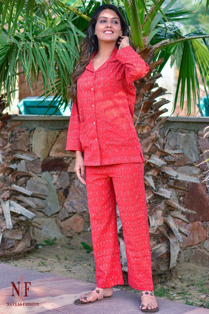 Red Ikat Cotton Night Suit