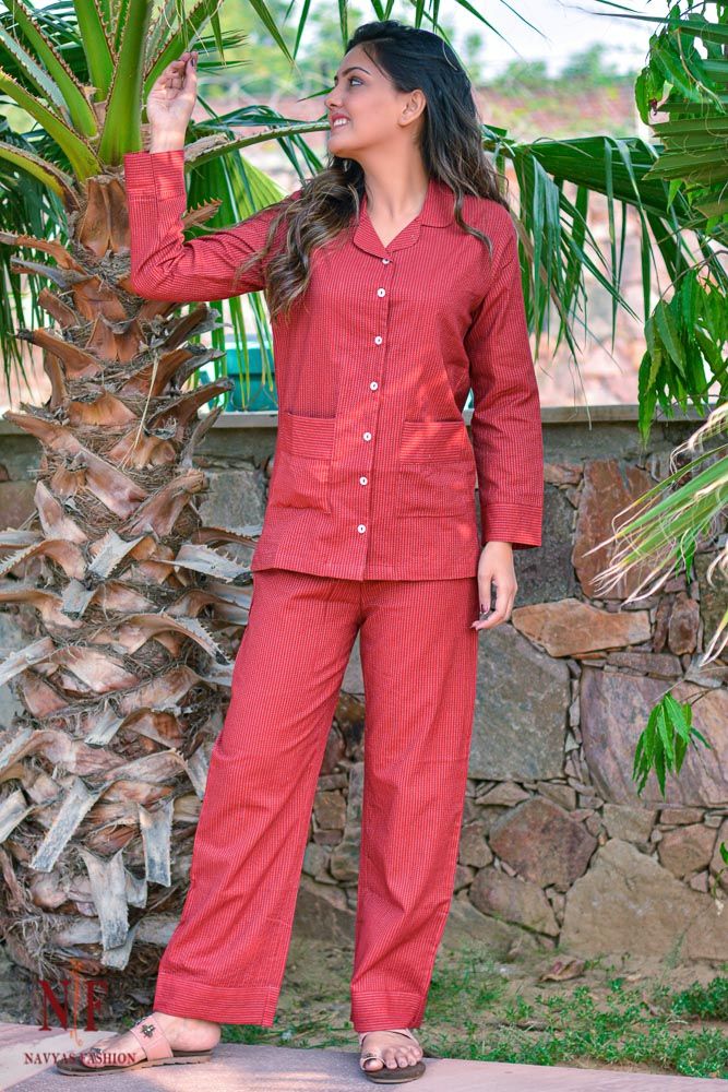 Maroon Kantha Stitch Cotton Night Suit