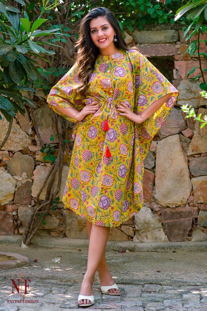 Yellow Floral Cotton Kaftan Dress