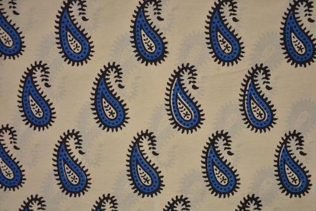 Blue And Black Paisley Block Printed Cotton Fabric