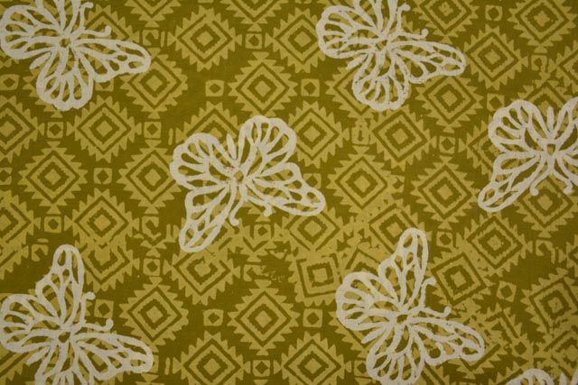 Green And White Butterfly Block Printed Cotton Fabric