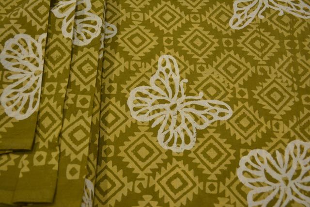 Green And White Butterfly Block Printed Cotton Fabric