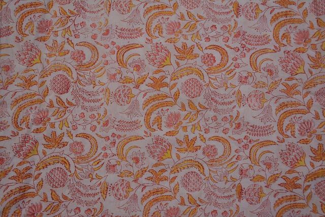 Yellow Pink Floral Block Print Cotton Fabric