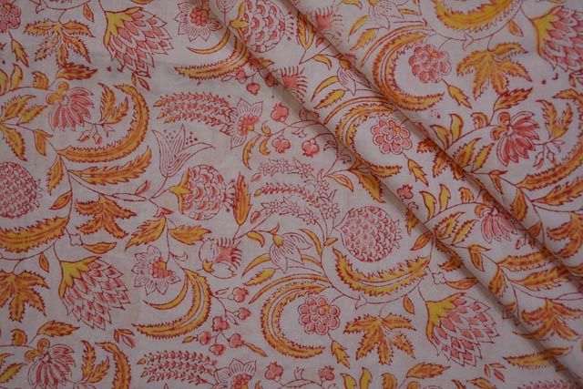 Yellow Pink Floral Block Print Cotton Fabric