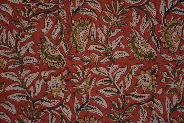 Red Floral Block Printed Kalamkari Fabric