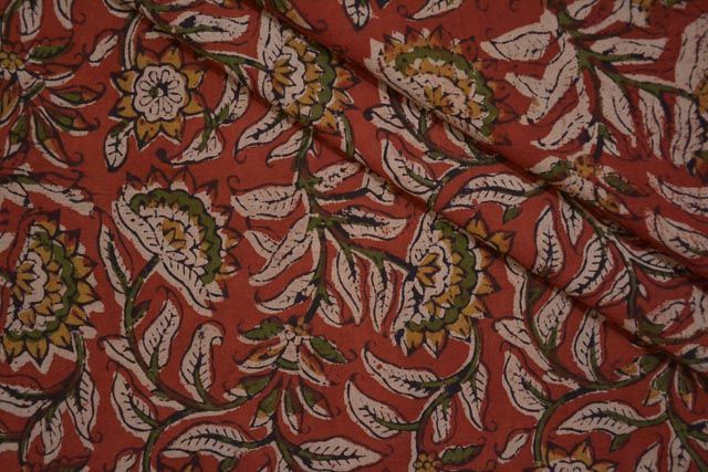 Red Floral Block Printed Kalamkari Fabric