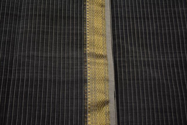 Dark Grey Striped Zari Border Maheshwari Silk Handloom Fabric