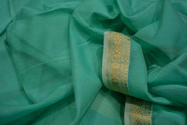 Sea Green Zari Border Maheshwari Silk Handloom Fabric