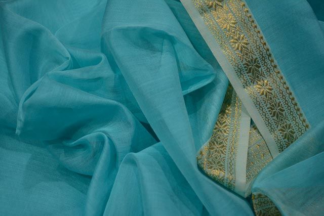 Sky Blue Zari Border Maheshwari Silk Handloom Fabric