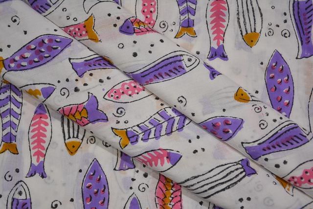 Multicolor Fish Block Printed Kids Cotton Fabric