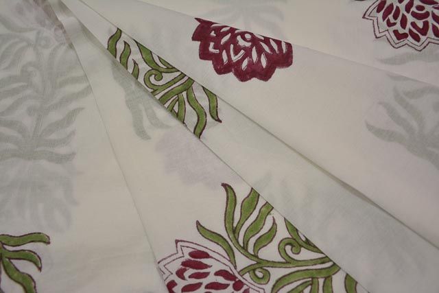 White And Red Floral Block Print Cotton Mulmul Fabric