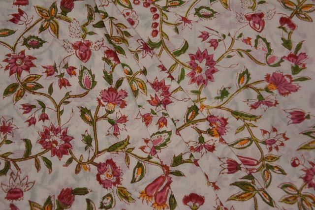 Multicolor Floral Block Print Cotton Mulmul Fabric