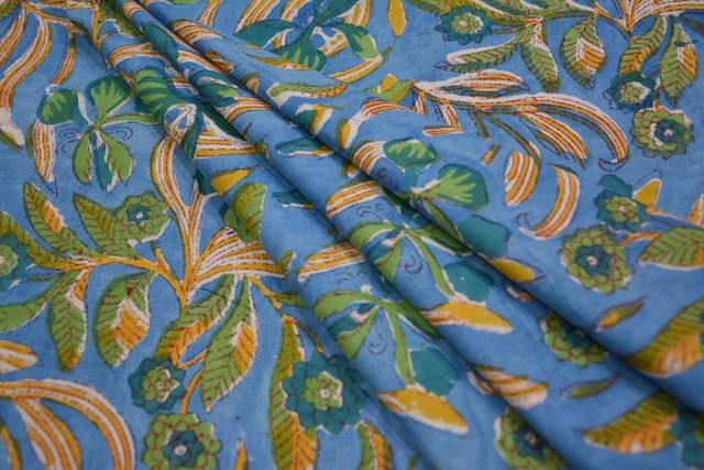 Azure Blue Block Print Cotton Mulmul Fabric