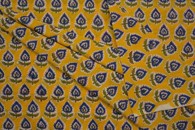 Yellow Floral Buti Block Print Fabric