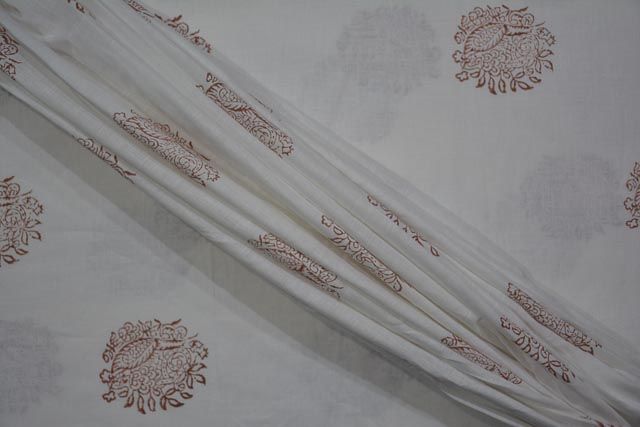 White And Brown Block Print Pure Linen Fabric 