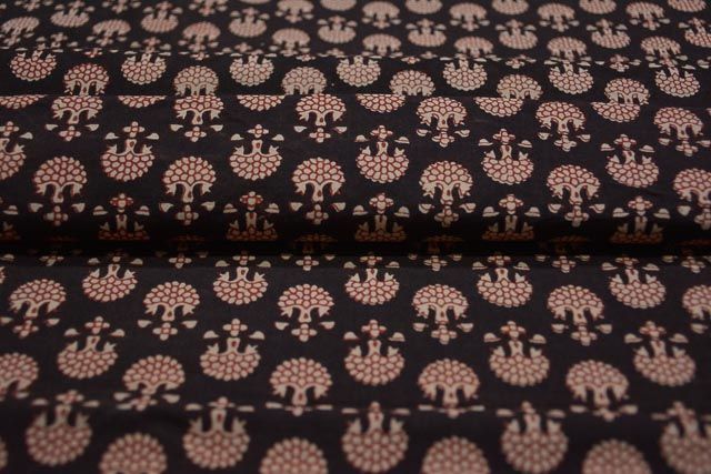 Black Floral Block Print Cotton Fabric